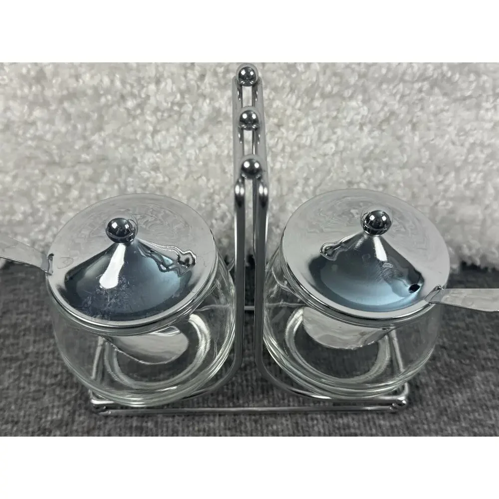 Chrome & Glass Jam/Condiment Caddy Carrier Server Mid Century Serving Set - READ